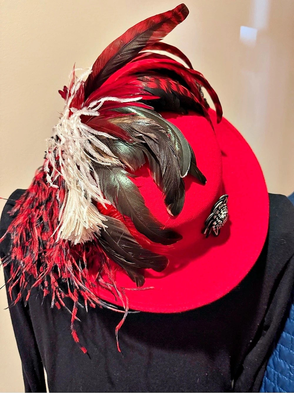 Red & Black Feather Fascinator Hat